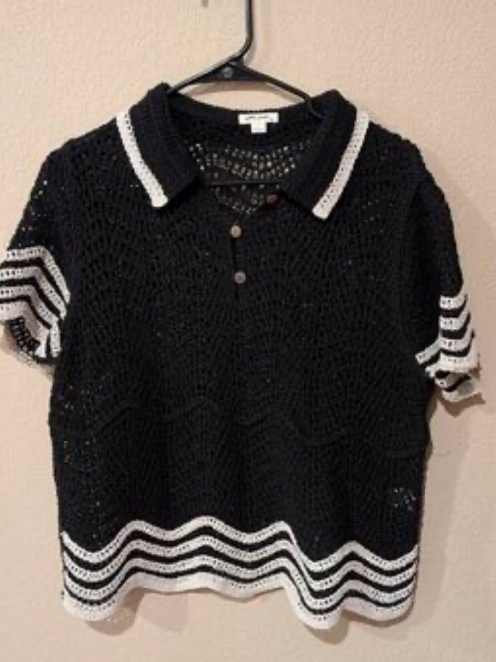 Ultra Pink Black Crochet Polo Sweater with White Trim NWOT
